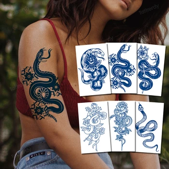 16Pcs/Daug didmeninės laikina tatuiruotė lipdukas natūralių žolelių sulčių rašalo kūno menas gyvatė, drakonas rožių žiedų tatuiruotė netikrą ilgalaikis