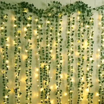 2.3 m Šilko Lapai Netikrą Vijoklis Žalias Lapas Ivy Vynuogių 1/2/3m LED String Žibintai Dekoro Vestuves Kabinti Girliandą Sode