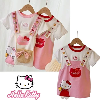 2022 Naujas Hello Kitty Mergaičių Vasaros Kostiumai Vakarų Stiliaus Suspender Sijonas Medvilnės trumparankoviai Dviejų dalių Kostiumai Vaikams Dovanų