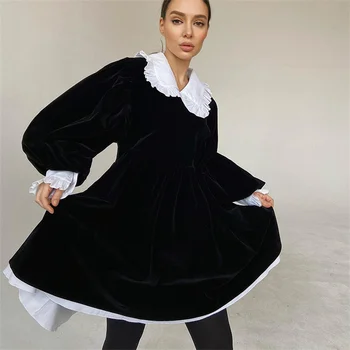 2023 Nauja Rudens Žiemos Juoda Moterų Suknelės, Mados Lėlės Apykaklės Žibintų Rankovės Mini Suknelė Elegantiškas Prarasti Kratinys Moteriška Suknelė