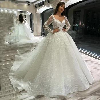 2023 Prabangių Nėrinių Vestuvių Suknelės Moterims Ilgomis Rankovėmis Zawalcowany Appliqued Kamuolys Suknelė Vestuvių Suknelės Arabijos Vestido De Noiva Užsakymą