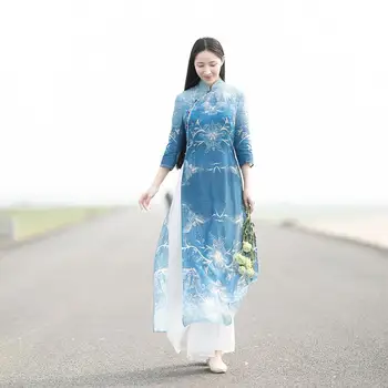 2023 tradicinių aodai suknelė kelnės nustatyti spausdinimo suknelė moterims vietnamas aodai šifono qipao suknelė elegantiškas šalis suknelė qipao a77