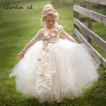3D Gėlės, Uždusęs Gėlių mergaičių Suknelės ilgomis Rankovėmis Iliuzija Mergina Gimtadienio Suknelė Elegantiškas Mergina, Vestuves Suknelė 2020 m.
