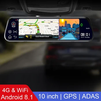 4G Automobilio galinio vaizdo Veidrodis Vaizdo įrašymo 10 Colių Jutiklinis Ekranas, Dvigubas Objektyvas, Dashcam Android 8.1 GPS Navigatorius ADAS DVR Atbulinės eigos Kamera