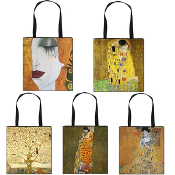 Aliejaus Tapybai Ašaros / Kiss Pečių Maišą Gustav Klimt Fonai Moterų Rankinės Ladise Didelių Pajėgumų Drobės Pirkinių Krepšys Didelis Entire