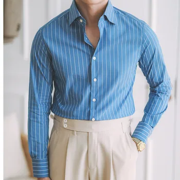 Atsitiktinis Blue Stripe Marškinėliai vyriški Verslo Universalus, Ne Geležies Neapolio italijos Splayed Apykaklės Ilgas Rankovėmis Džentelmenas Mados Marškinėliai