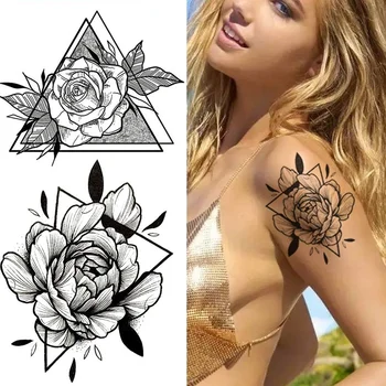 Atsparus vandeniui Laikina Tatuiruotė Juoda Sketchs Gėlės Tatuiruotės Lipdukai 3D Black 