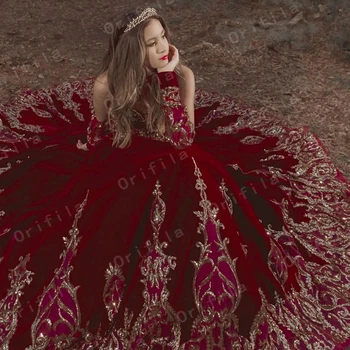 Bordo Aksomo Princesė Quinceanera Suknelę Kamuolys Suknelė Blizgančiais Nėrinių Aplikacijos Vestido Mexicano Stilius Saldus 15 Promenadzie Suknelė