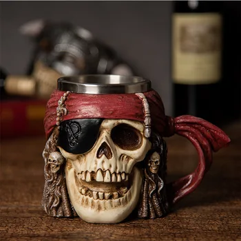 Creative 3D Piratų Kaukolės Alaus Puodelis Didelės Talpos Kavos Puodelio Viking Nerūdijančio Plieno Dervos Keista Vandens Puodelį Berniukas Išskirtinį Dovana