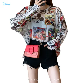Disney 2023 Vasarą Garsaus Anime Mickey Mouse Prekės Akių Marškinėliai Moterims Apsauga nuo Saulės, Skaidrios ilgomis Rankovėmis Palaidinė Ponios T-shirt