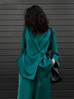 Elegantiškas Green Satino Kelnės 2 Gabalas Rinkiniai Slweepwear Moterų Atsitiktinis Palaidų Pižama Nustatyti ilgomis Rankovėmis Pločio Kojų Kelnių Kostiumas Outifits