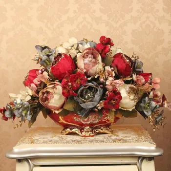 Europos Dervos Vaza+Dirbtinės Gėlės Nustatyti Amatų Figūrėlės Namų Darbalaukio Prabanga Bijūnas Netikrą Gėlių Puodą Augalų Ornamentais Apdaila