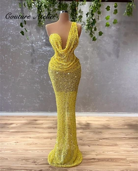 Geltonos spalvos Puošnios vakarinės Suknelės Ilgio Prabanga Vieną Petį Elegantiška Suknelė Vestuves Vakarienė Suknelė Brangioji, chalatas de bal