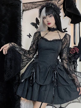 Goth Dark Lolita Gotikos Estetika Moterų A-line Dresses Grunge Harajuku Nėrinių Falre Rankovės Partywear Raišteliu Klubas Alt Drabužiai