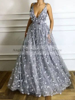 Ilga Elegantiška Pilka 3D Gėlių Vakaro Suknelės 2023 V kaklo Vestidos De Noche Prom Šalis, Chalatai Vestidos Elegantes Para Mujer