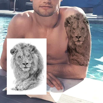 Juoda 3D liūtas Laikinos Tatuiruotės Vyrams, Moterims, Realus Netikrą Tatoos Lipdukas Vandeniui Pieštuku Eskizas Vilkas Tatuiruotė Kūno Menas