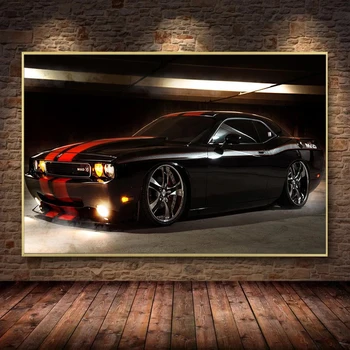 Juoda Dodge Challenger su Raudonos Juostelės Transporto priemonės Šiuolaikinės Drobė, Tapyba, Plakatų ir grafikos Sienos paveiksl Namų Dekoro Cuadros