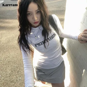Karrram Grunge Laišką, Print T-shirt korėjos Mados Long Sleeve Tee Marškinėliai Derliaus Japonijos Harajuku Slim Viršūnes Kpop Streetwear Y2k