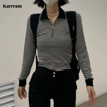 Karrram korėjos Stiliaus Polo Marškinėliai Kpop ilgomis Rankovėmis Dryžuotas marškinėliai Japonijos Mados Moterų Derliaus Slim Tampri Viršūnes Užtrauktukas