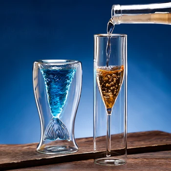 Kūrybos Karščiui atsparaus Dvigubo Sienos Undinė Stiklo Taurės Taurės Šampanas Alus Viskio Kokteilių Taures Skaidri Juosta Drinkware
