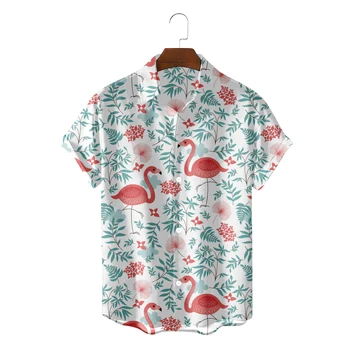 Mados Havajų Marškinėliai Vyrams Vasaros Paplūdimio Drabužiai Flamingo Piešimo Camisa Blusas Palaidinės Mygtuką Iki Streetwear Chemise