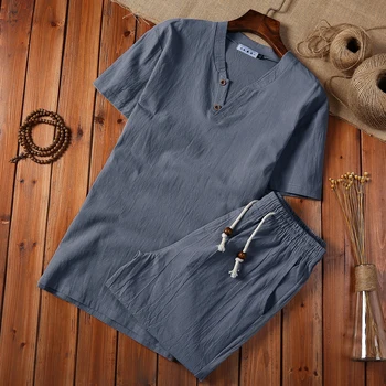 (Marškinėliai +šortai) iki 2022 m. vasaros mados vyrų marškinius Vyras Medvilnės ir lino marškiniai trumpomis rankovėmis vyriški laisvalaikio marškinėliai vyrams dydis M-5XL CY09