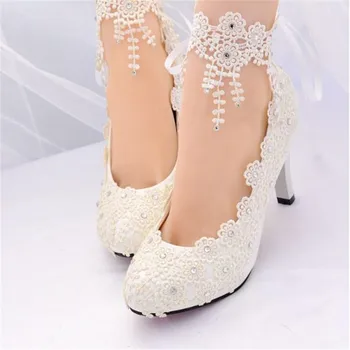 Moterų balti aukštakulniai vestuviniai bateliai moteriški bateliai, nėriniai nuotaka gėlių batai moterų avalynė seklių batai 4.5 / 8cm didelis