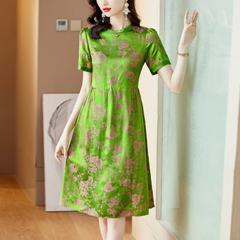 Moterų Naujų Gėlių Natūralaus Šilko Midi Suknelė 2022 Korėjos Derliaus Casaul Šalis Vasaros Suknelė Trumpomis Rankovėmis Šviesos Elegantiškas Bodycon Suknelė