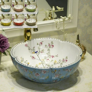 Mėlyna Rožinė Baltos Spalvos Keramikos Stalviršio praustuvas Vonios kambarys Laivo Kriaukle Dubenėlį Šurmulio Viršuje su Gėlių Paukščių Dizainas