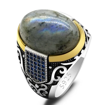 Naujas autentiški sidabro senovinių turkijos mėlyna cirkonis žiedai ir labradoras vyrų spalvinga punk rock papuošalai