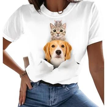Naujas Spausdinimo Mielas Katinas/Katė Spausdinimo Moterų marškinėliai Mados Fitneso Mergina Trumpas rankovėmis Viršūnes Mados Atsitiktinis Nišą Dizaino Drabužių