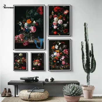 Olandijos Gėlių natiurmortas Drobės Tapybos Tamsiai Gėlių Klasikinis Menas, Plakatų ir grafikos Galerija Sienos Menas Nuotraukas, Namų Dekoro