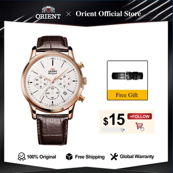 Originalus Orient Kvarciniai Laikrodžių Vyrams, Japonijos Verslo Riešo Žiūrėti Daugiafunkcį Subdials Nerūdijančio Plieno Odinis Dirželis 3 Karūna