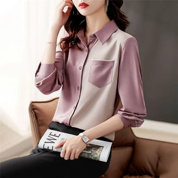 Pavasarį, Rudenį Korėjos Elegantiškas Kontrasto Spalvų Office Lady Marškinėliai Mados Kišenę Laisvus Ilgomis Rankovėmis Šifono Palaidinė Top Moterų Blusas