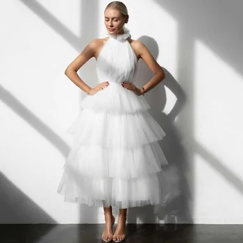 Pigūs Balta Trumpa Vestuvinė Suknelė 2021 Vestido de Noiva Curto Aukšto Kaklo Nuotakos Suknelė Tiulio Tortas Pakopinis Sijonas Vestuvių Suknelės Midi