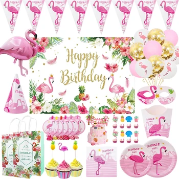 Pink Flamingo Gimtadienio Dekoracijas, Vienkartiniai Indai, Popieriniai Taurės Plokštė Tortas Topper Balionai Vaikams Havajai Šalies Apdaila