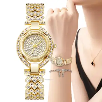 Prabangos Prekių Ženklai Moterų Kvarciniai Laikrodžiai Visą Deimantų Inkrustuota Kūrybinis Dizainas Mados Aukso Lydinių, Nerūdijančio Plieno Dirželis Ponios Žiūrėti