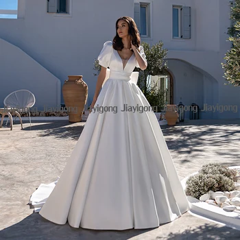 Princesė Vestuvių Suknelės Nuotaka 2023 trumpomis Rankovėmis, V-Kaklo Paprasta Satino Nuotakos Suknelė Didelis Lankas Atgal Užsakymą Vestuvių Suknelės