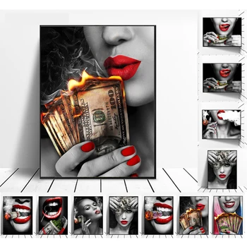 Sexy Raudona Lūpų Rūkymas Moteris Sienos Menas, Plakatų ir grafikos Žiūrėti Nuotrauką Deginimas Dolerio, Drobė, Tapyba Kambarį Apdaila Dovana