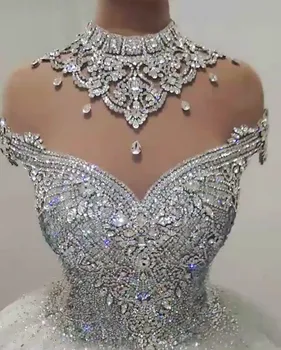 Sparkle Kristalų Dubajus Vestuvių Suknelė 2023 Aukštos Vien Kaklo Prabangūs Vestuvinės Suknelės Backless Zawalcowany Princesė Chalatas De Mariee Užsakymą