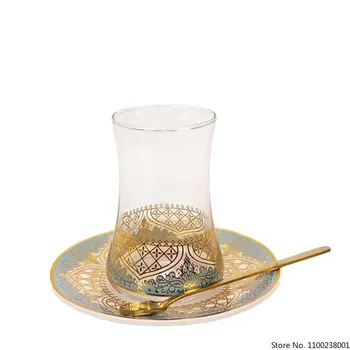 Turkiška Arbata Akinius Puodelių Rinkinys Lėkštes Šaukštu Kavos Puodelio Romantiška Egzotinių Stiklo Arbatos Puodelio Mėlyna Aukso Virtuvės Puošmena, Geriamojo