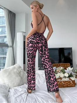 Vasaros Homewear Elegantiškas Bodysuits Leopardas Spausdinti Playsuit Persipintos Atgal Romper Dėvėti Nėrinių Apdaila Jumpsuit
