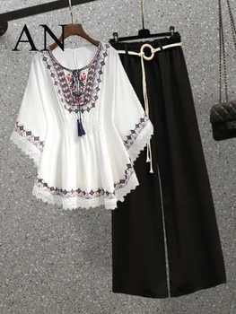 Vasarą 2022 m., Naujosios Nacionalinės Stiliaus Marškiniai, Švarkas ir Plačios kojos Kelnės-Dviejų dalių kostiumėlį Du Mados Gabalus Moterims