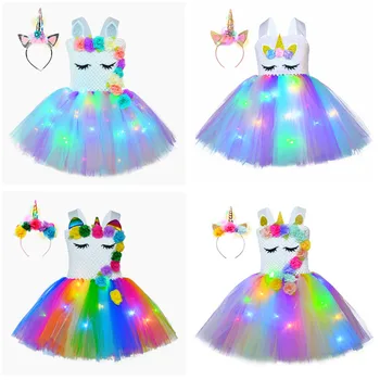 Vienaragis princesė Suknelė su LED žibintai, Mergaičių Suknelės Cosplay Vaivorykštės Vaikai Gimtadienio Helovinas Vienaragis Šalies Kostiumas Su lankelis