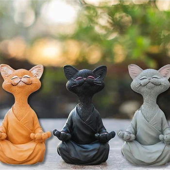 Įnoringas Pilka Juoda Buda Katės Statulėlės, Meditacija, Joga Kolekcines, Happy Cat Skulptūros Dervos Namų tuin decoratie Miniatiūros