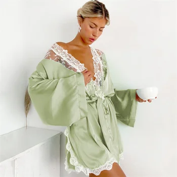 Žalia Sexy Nėrinių Sujungimas Chalatai Kimono Sleepwear Skaidrus Moterų Yukata Nightgowns Blyksnius Rankovėmis Satino Pižama, Chalatas