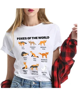 100% Medvilnės Lapės Pasaulio Graphic Marškinėliai Moterims drabužių Lapės Gyvūnų Harajuku Moteriški Marškinėliai Pittie Unisex Mados Viršūnes Tee Nuotrauka 2