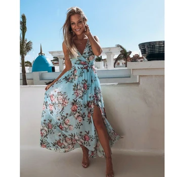 1PC Elegantiškas Paplūdimio Suknelės, Moteriški Boho Gėlių Ilgas, Maxi Suknelė Vasaros Paplūdimio Vakare Šalies Rankovių Veck Dangus Mėlynas Sundress Nuotrauka 2
