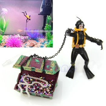 2022 Naujas Modelis Žuvų Bakas Dekoratyvinis Treasure Hunt Frogman Akvariumo Apdaila Juoda ir Raudona Diver ' s Treasure chest Nuotrauka 2