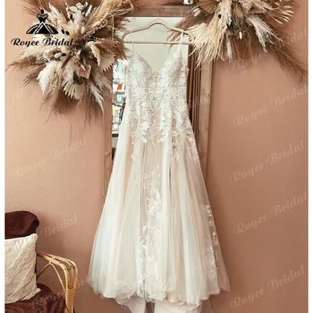 2022 Vestidos Bohemijos Vestuvių Suknelė Spagečiai Dirželiai Nėrinių Aplikacijos Linijos Boho Vestuvių Suknelė Užsakymą vestido para boda playa Nuotrauka 2